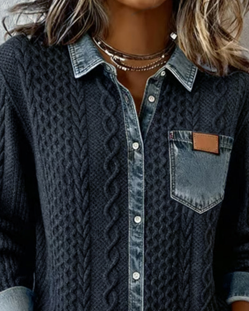 Mia - Long-Sleeve Shirt with Denim Patchwork