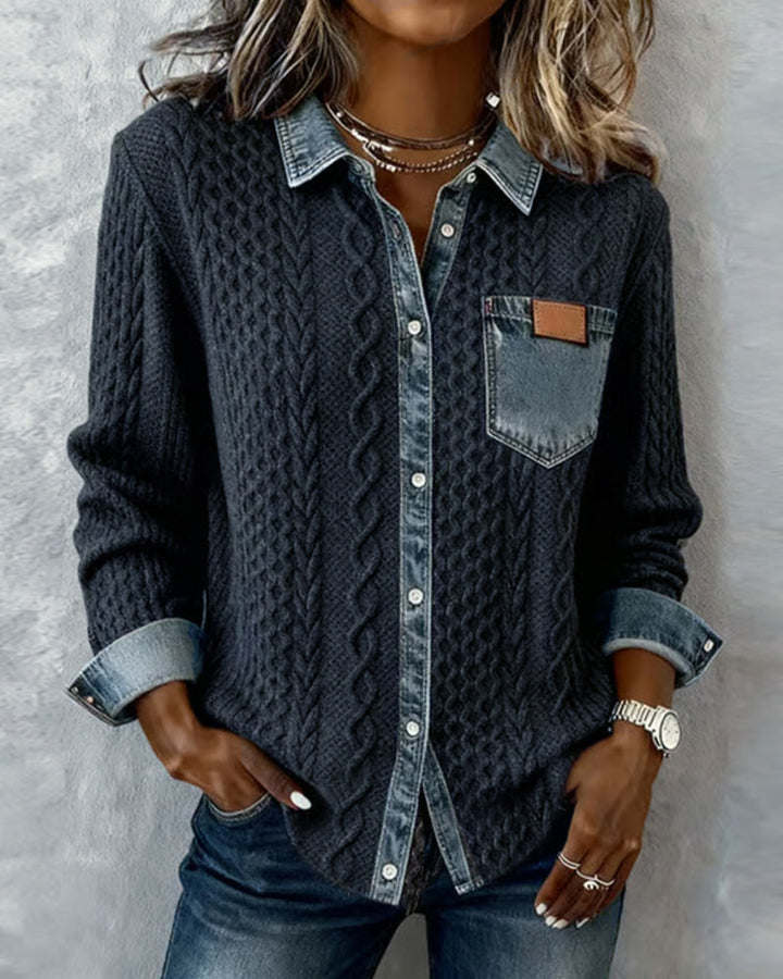 Mia - Long-Sleeve Shirt with Denim Patchwork