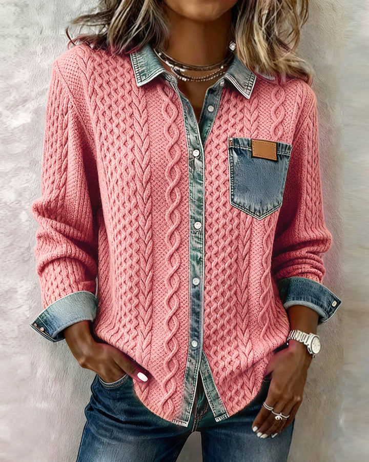 Mia - Long-Sleeve Shirt with Denim Patchwork