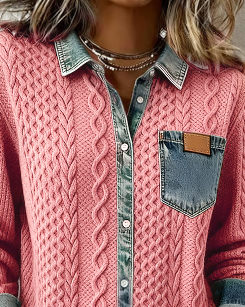 Mia - Long-Sleeve Shirt with Denim Patchwork