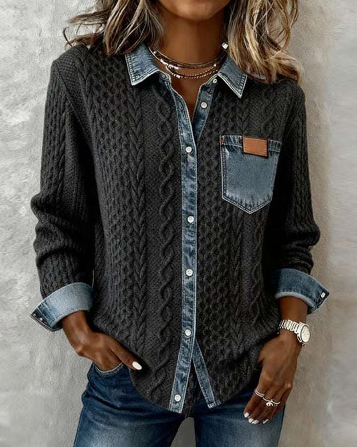 Mia - Long-Sleeve Shirt with Denim Patchwork