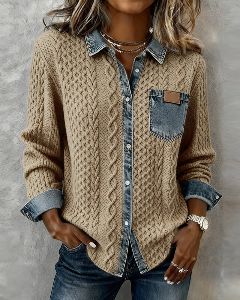 Mia - Long-Sleeve Shirt with Denim Patchwork